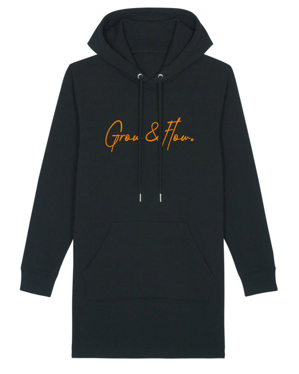 LADIES BIO HOODIE-KLEID MIT KAPUZE "HORIZON. SIGNED. ORANGE."