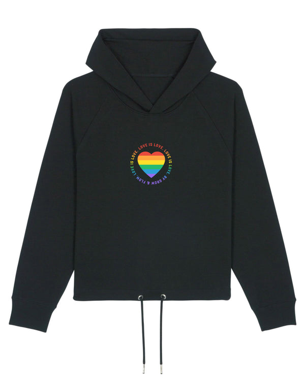 KURZER BIO-DAMEN KAPUZENSWEAT "LOVE. IS. LOVE."