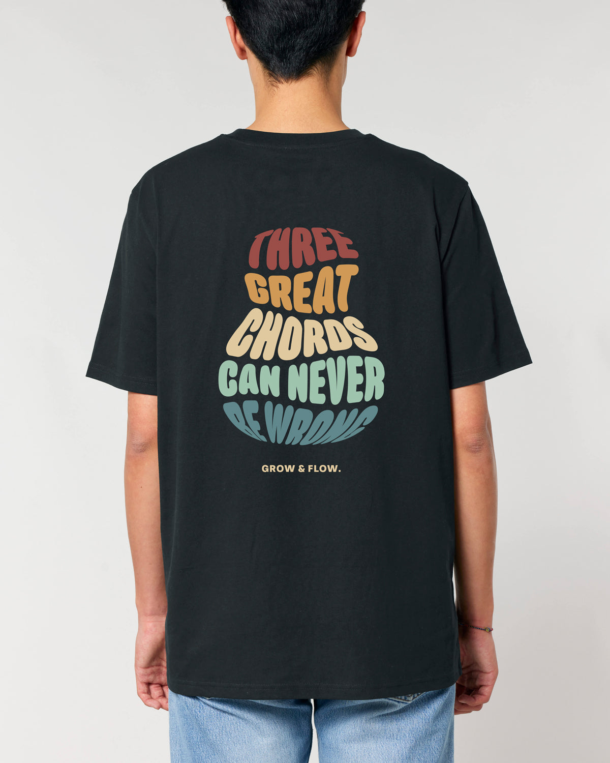 BIO T-SHIRT MIT BACKPRINT "THREE GREAT CHORDS."
