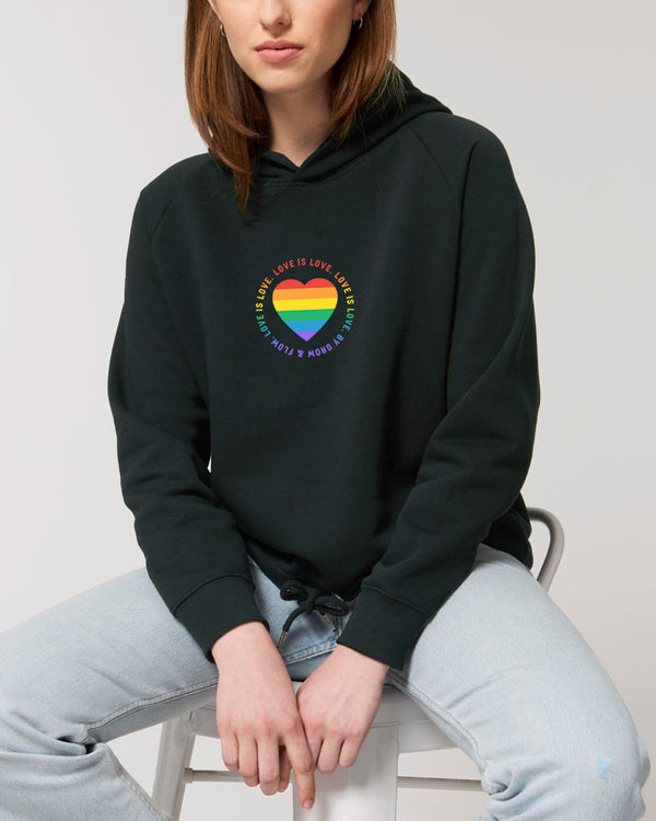 KURZER BIO-DAMEN KAPUZENSWEAT "LOVE. IS. LOVE."